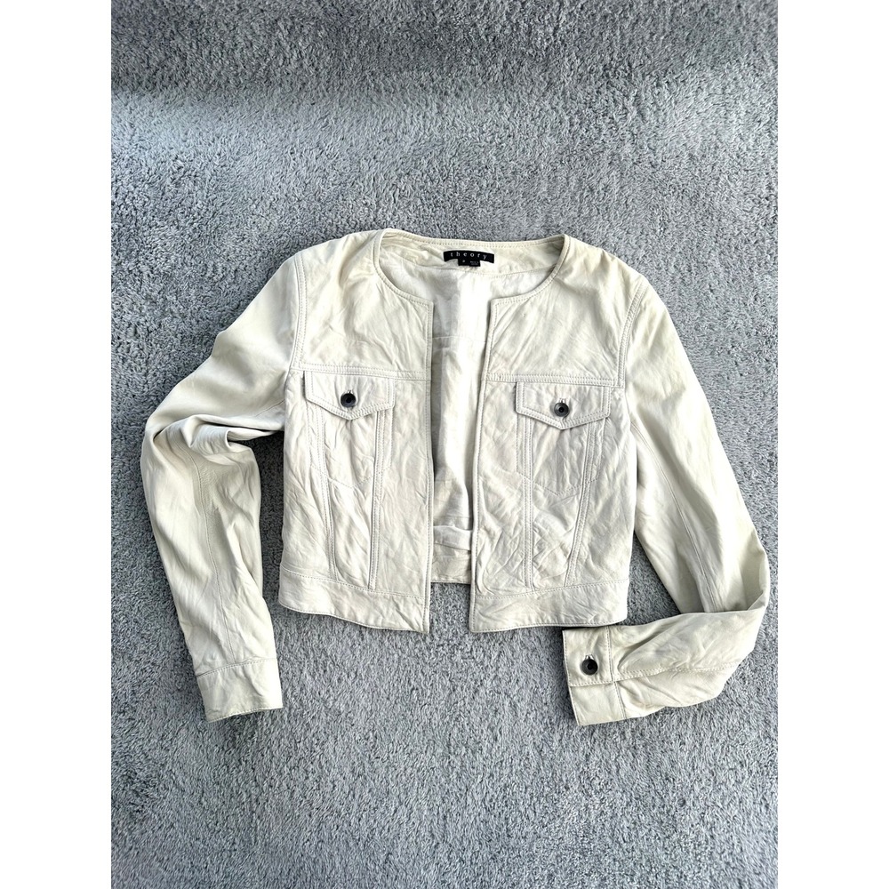 Theory Ivory Lambskin Leather Moto jacket short Womens 2 Hallan Ford glam crop